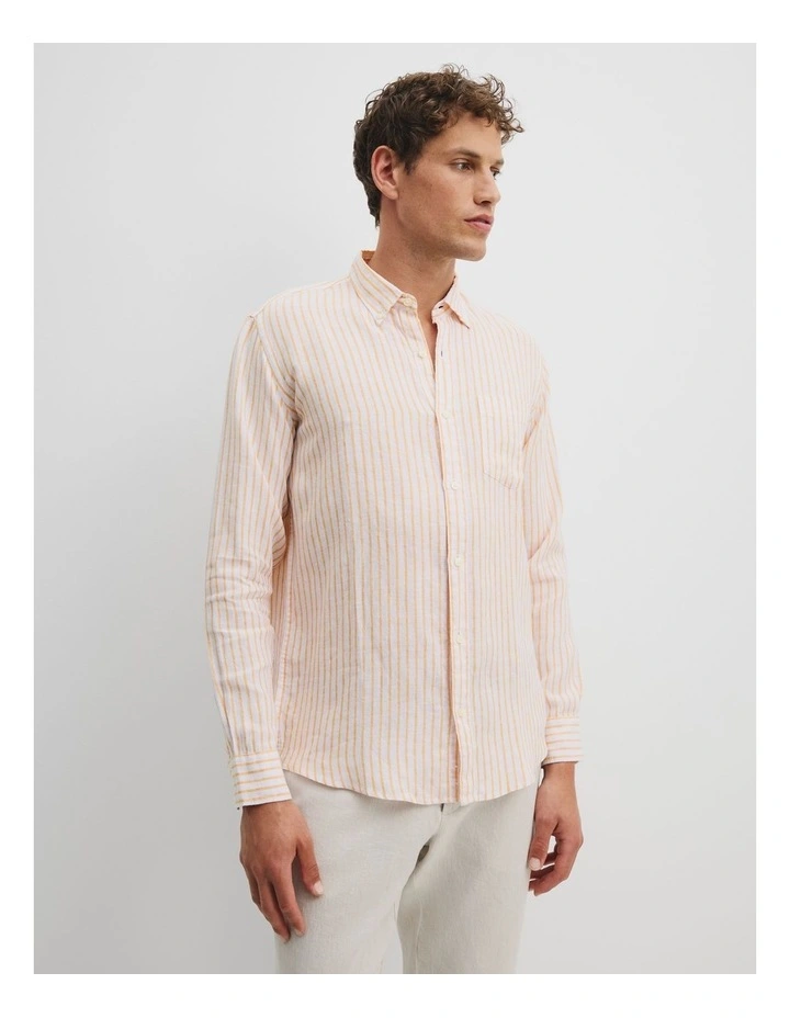 Organically Grown Linen Mini Stripe Shirt in Tangerine