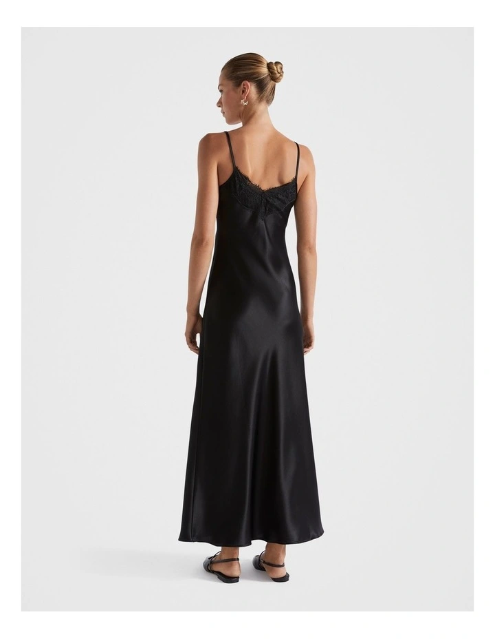 Satin Lace Trim Slip Dress in Black