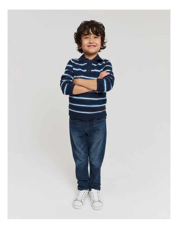 Organically Grown Cotton Blend Stripe Henley Knit Sweater in Navy Stripe
