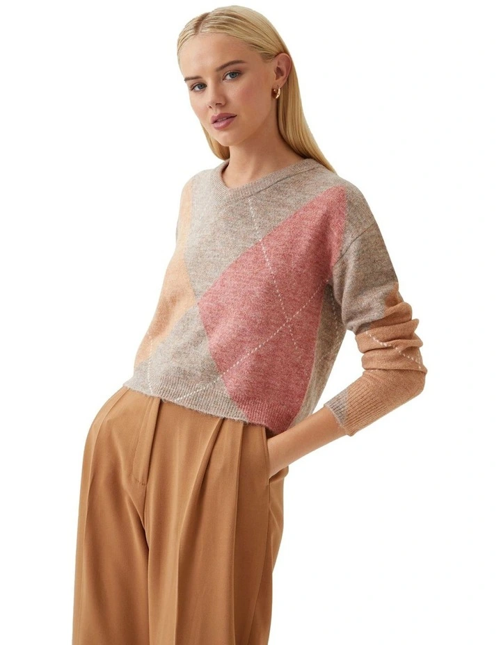 Lowen Argyle V-Neck Knit in Oat
