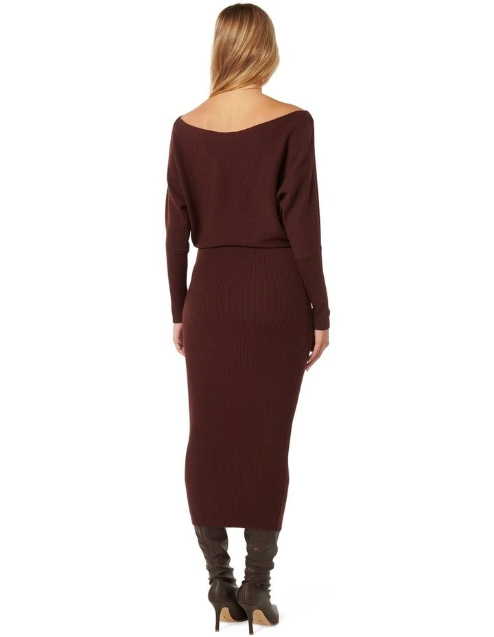 Ciara Tipped Shoulder Midi Dress in Brown