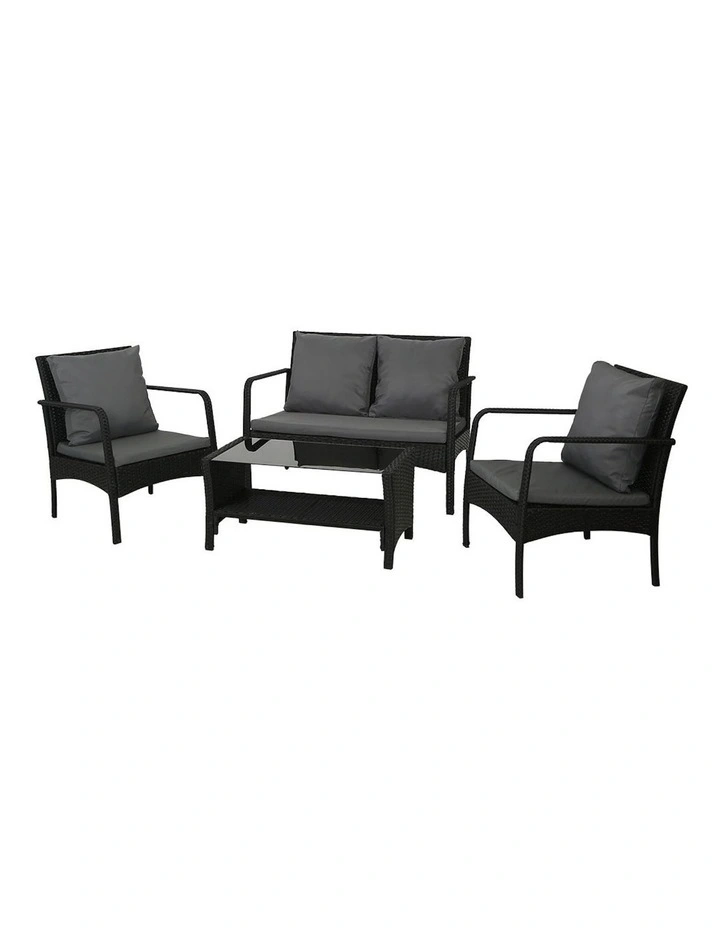 4 Piece Rattan Outdoor Garden Chairs & Lounge Table Set in Black