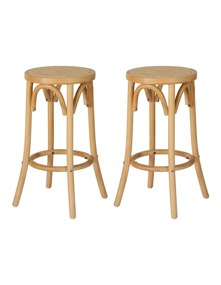 Wooden Rattan Seat Bar Stools 2x in Pine