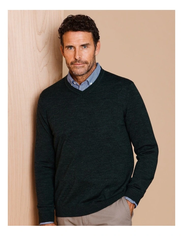 Australian Merino V-Neck Knit in Forest