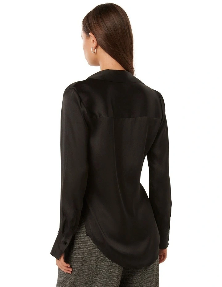 Harvey Notched Neck Satin Shirt in Black