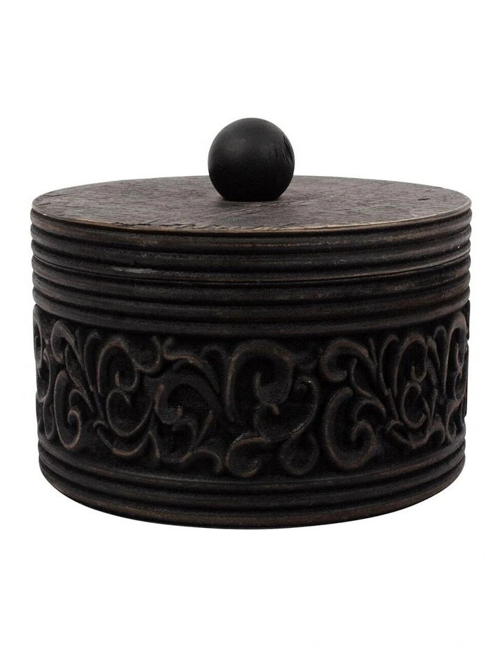 Vintage Wooden Carved Trinket Box in Distressed Black