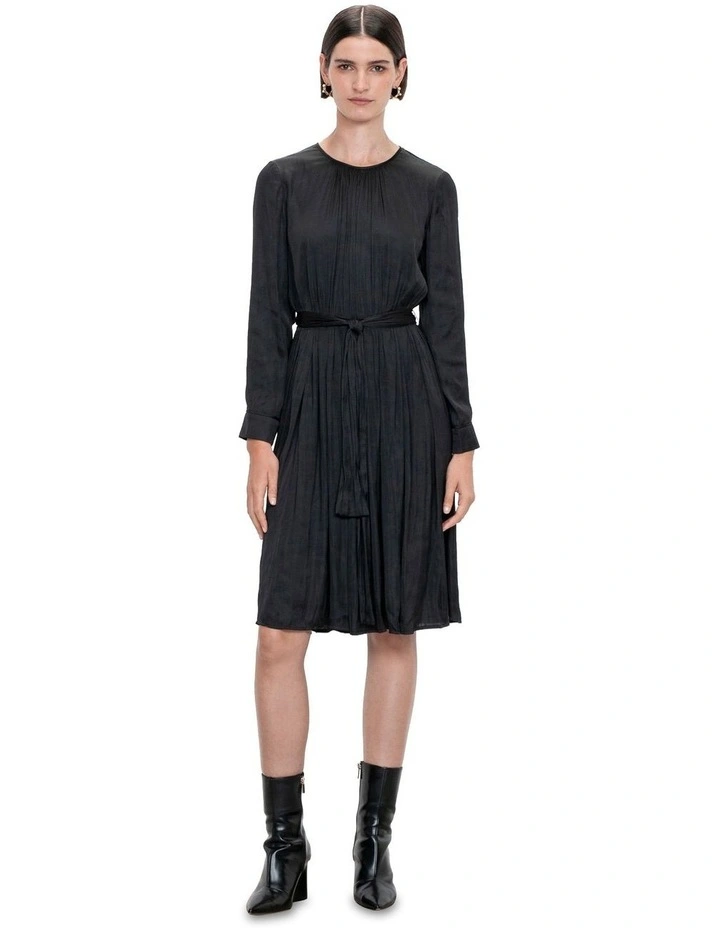 Drapey Satin Gathered Belted Dress in Black