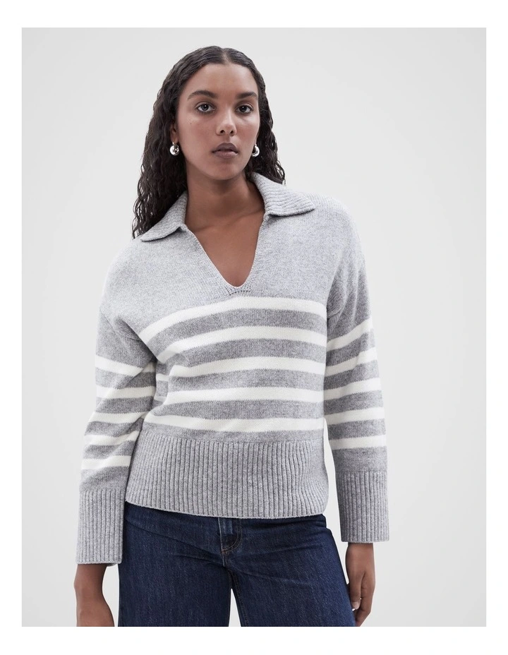 Stripe Collared Knit Cardigan in Grey Marle