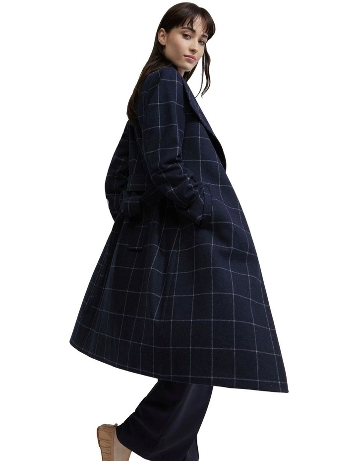 Gia Wool Rich Tie Waist Check Coat in Navy