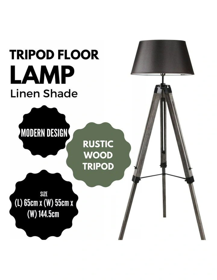 Large Tripod Floor Lamp Linen Shade Modern Light Retro Vintage Wooden