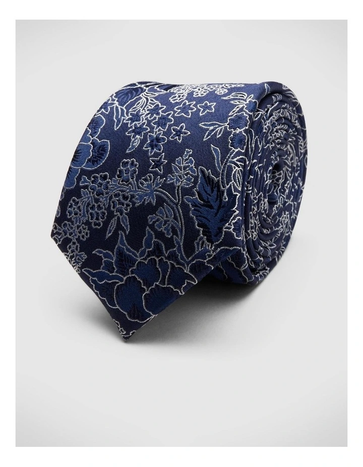 Floral Jacquard Silk Tie in Navy/silver
