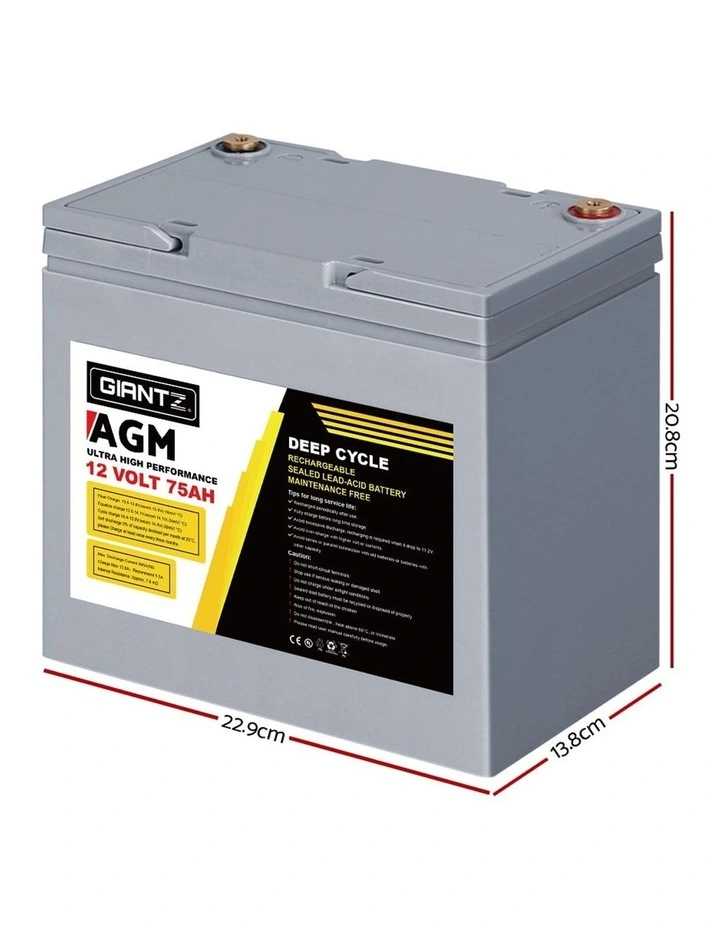 AGM Deep Cycle Battery 12V 75Ah Box Portable Solar Caravan Camping