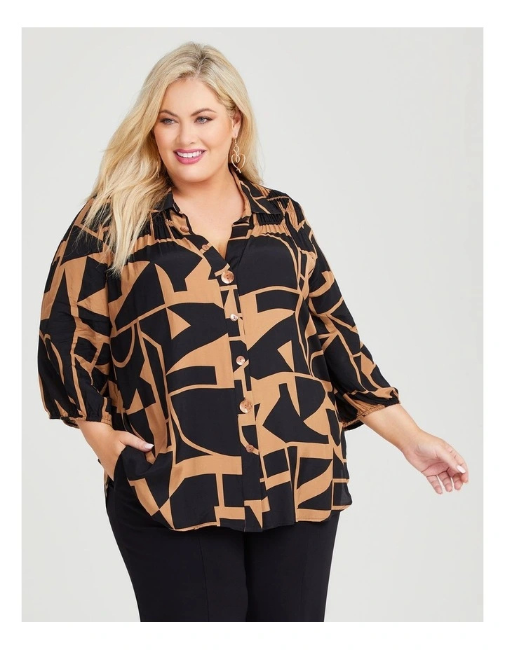 Shirring Detail Natural Shirt in Bronze/Black