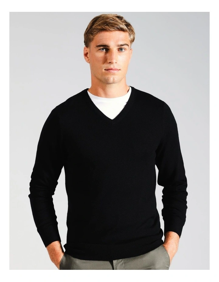 Australian Merino V-Neck Knit in Black