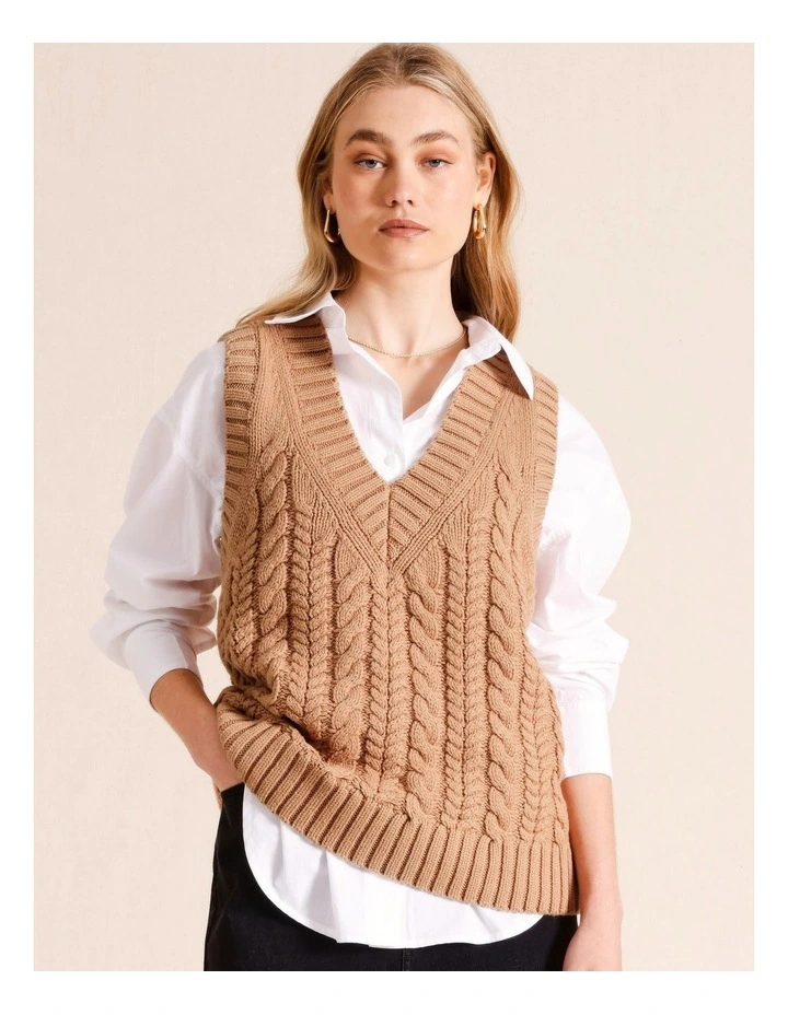 Oversized Cable Knit Vest in Tan