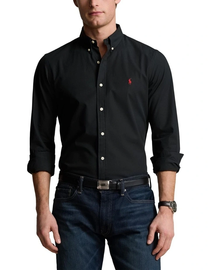 Slim Fit Stretch Poplin Shirt in Black