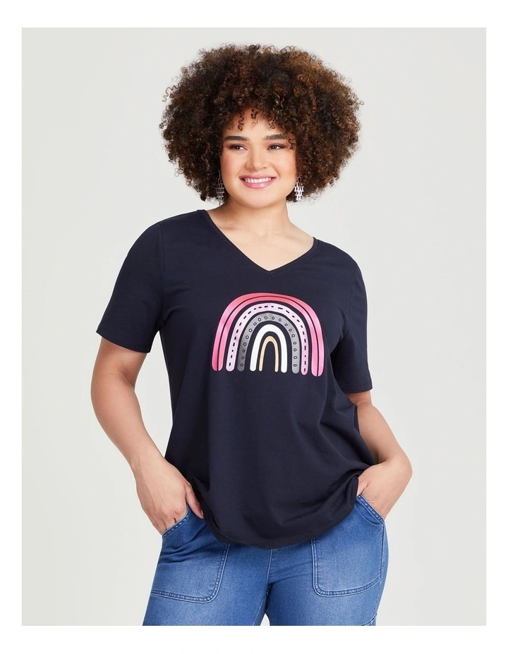 Cotton Rainbow Print Tee in Navy