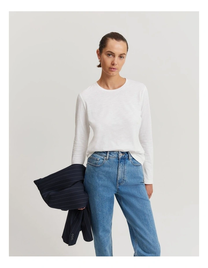 Australian Cotton Long Sleeve Slub T-shirt in White