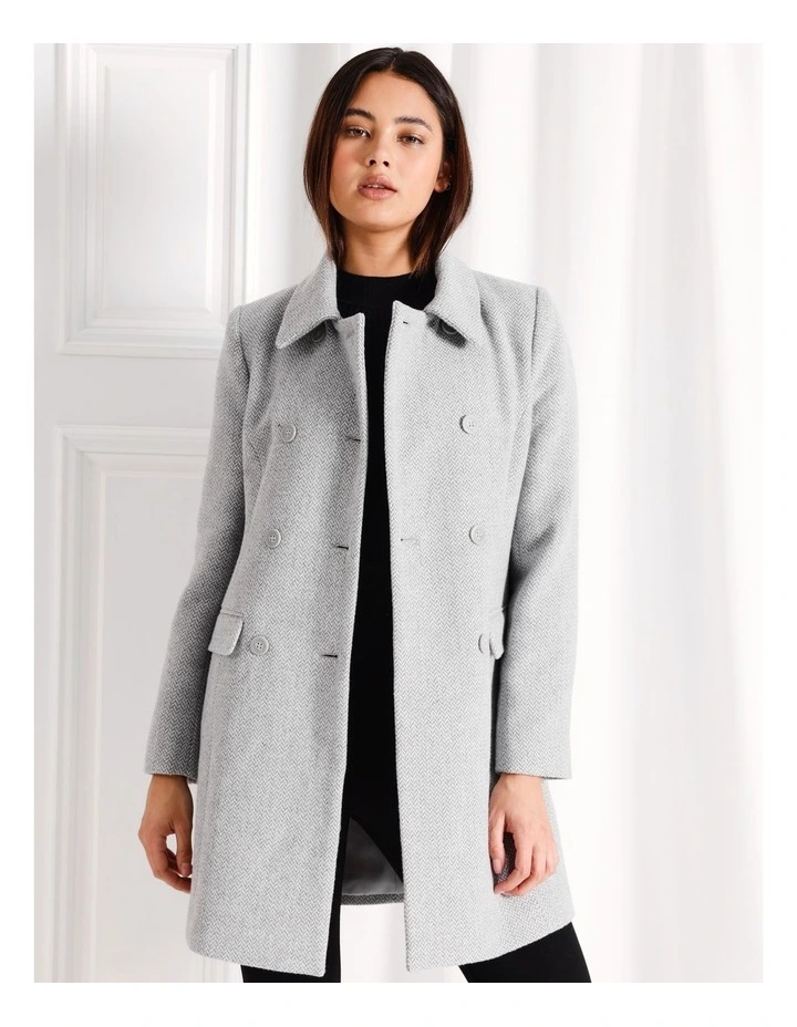 Herringbone Double Breasted Coat in Grey