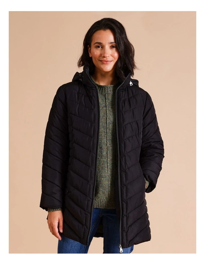 Recycled Polyester Longline Quilted Jacket With Fold Away Hood in Black
