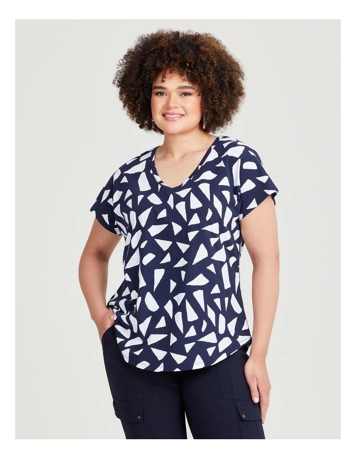Cotton Geo Print Top in Navy/White