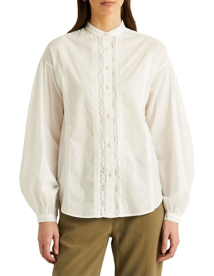 Cotton Voile Blouson Sleeve Blouse in White