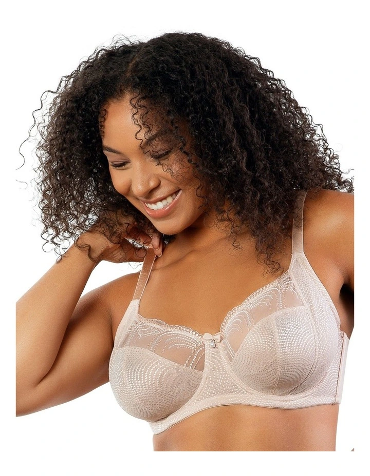 Pearl Wired Unlined Full Bust Bra With Embroidery in Beige