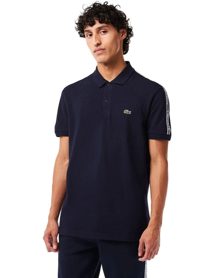 Logo Tape Stretch Mini Pique Polo Shirt in Navy