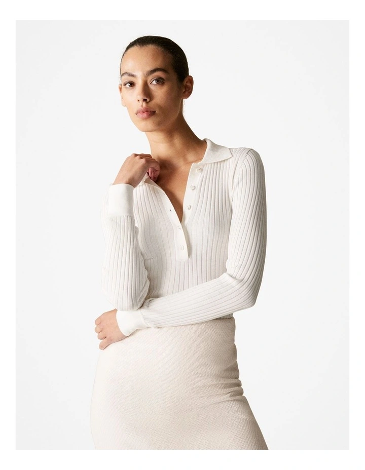 Silk Cotton Rib Detail Polo in Parchment