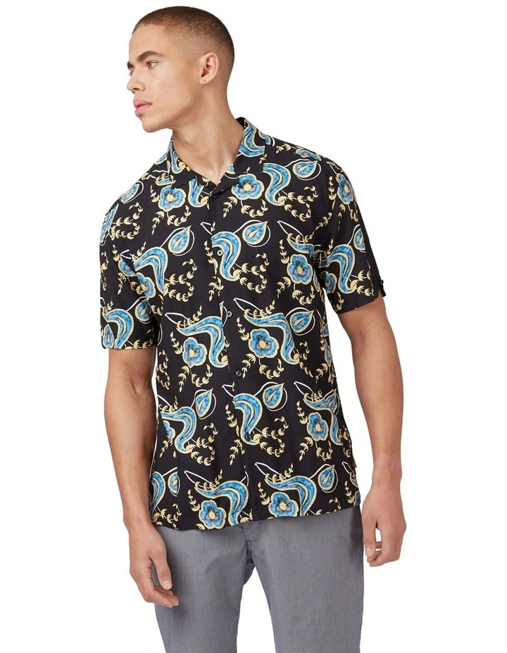 Short Sleeve Block Floral Print Shirt in Black