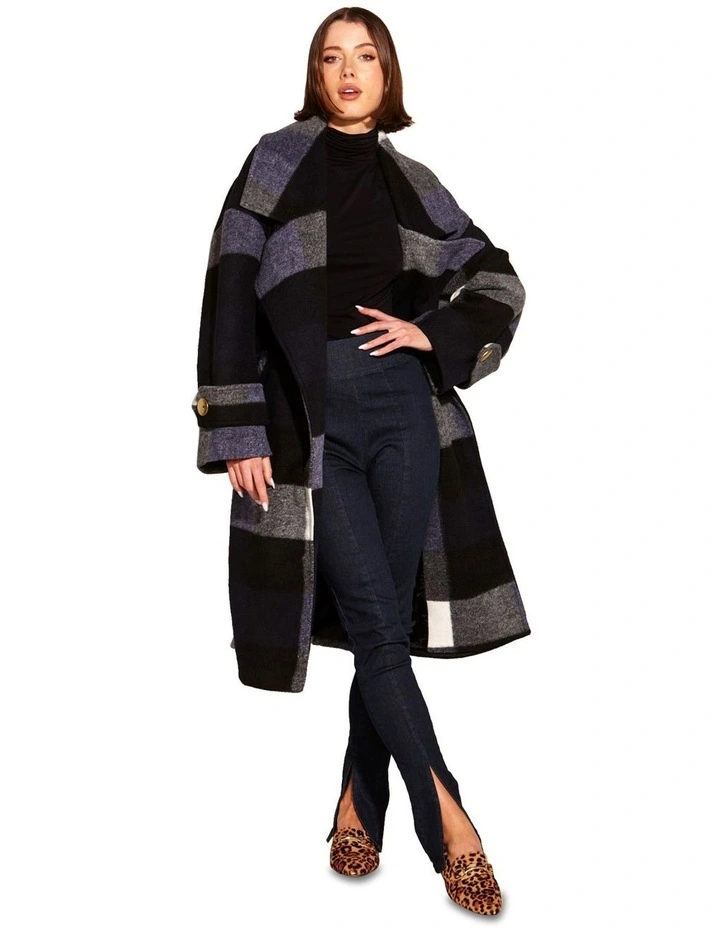 Stranger Oversized Check Coat in Navy