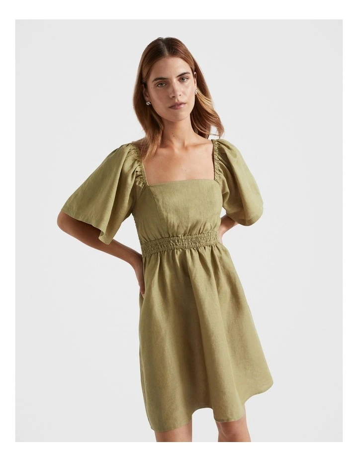 Linen Square Neck Mini Dress in Pistachio