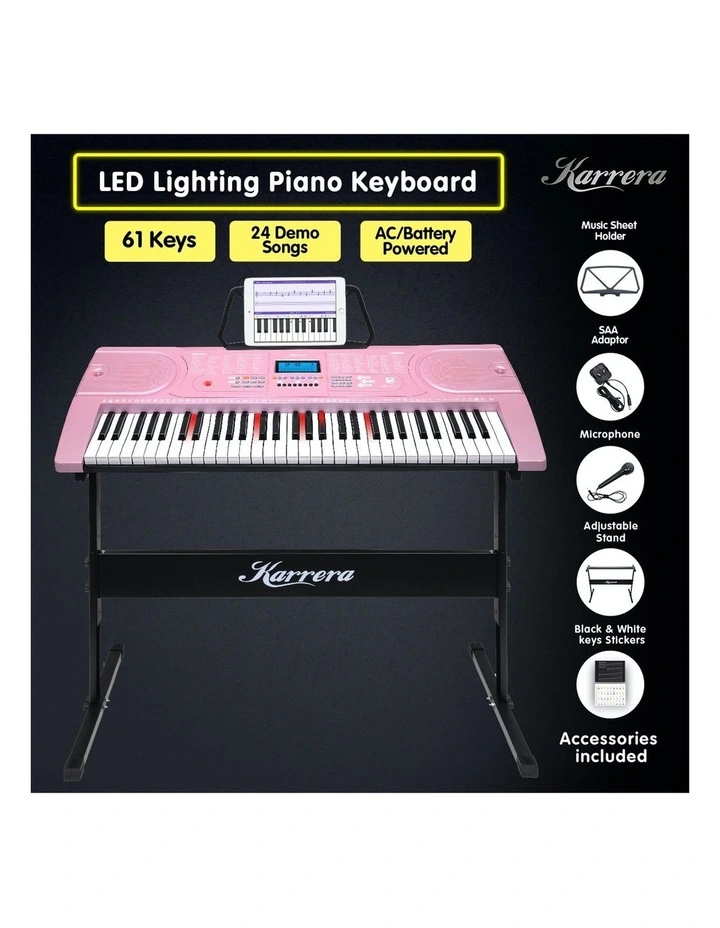 Karrera 61 Keys Electronic Led Piano Keyboard with Stand in Pink
