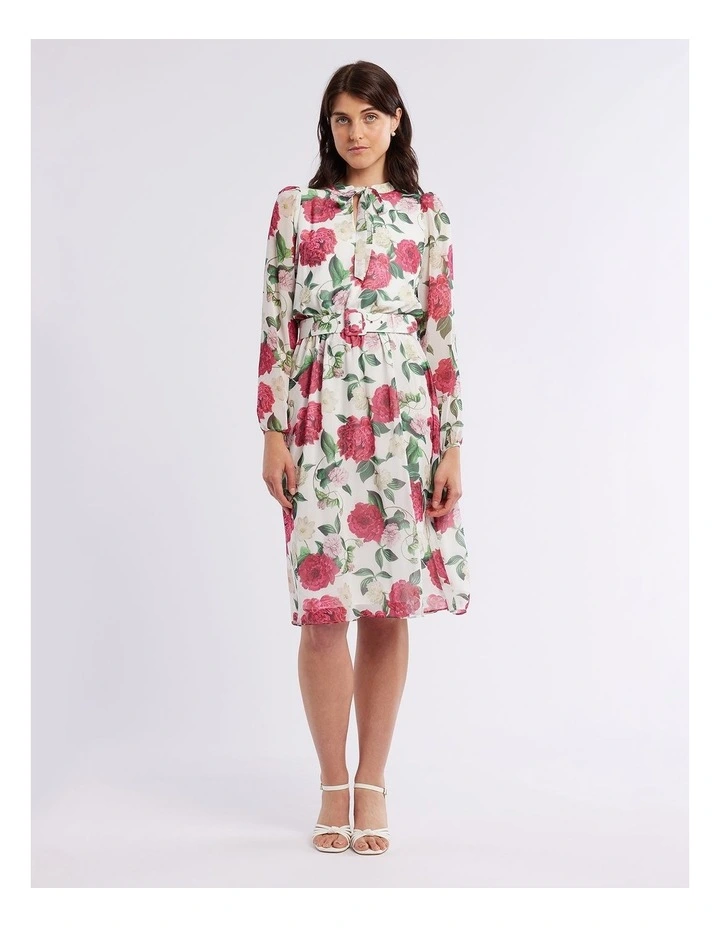 Raspberry Peony Midi Dress in Ivory