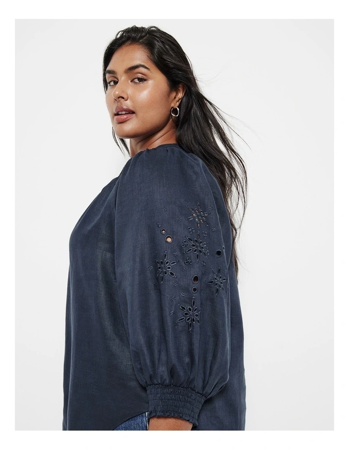 The Broderie Linen Top in French Navy
