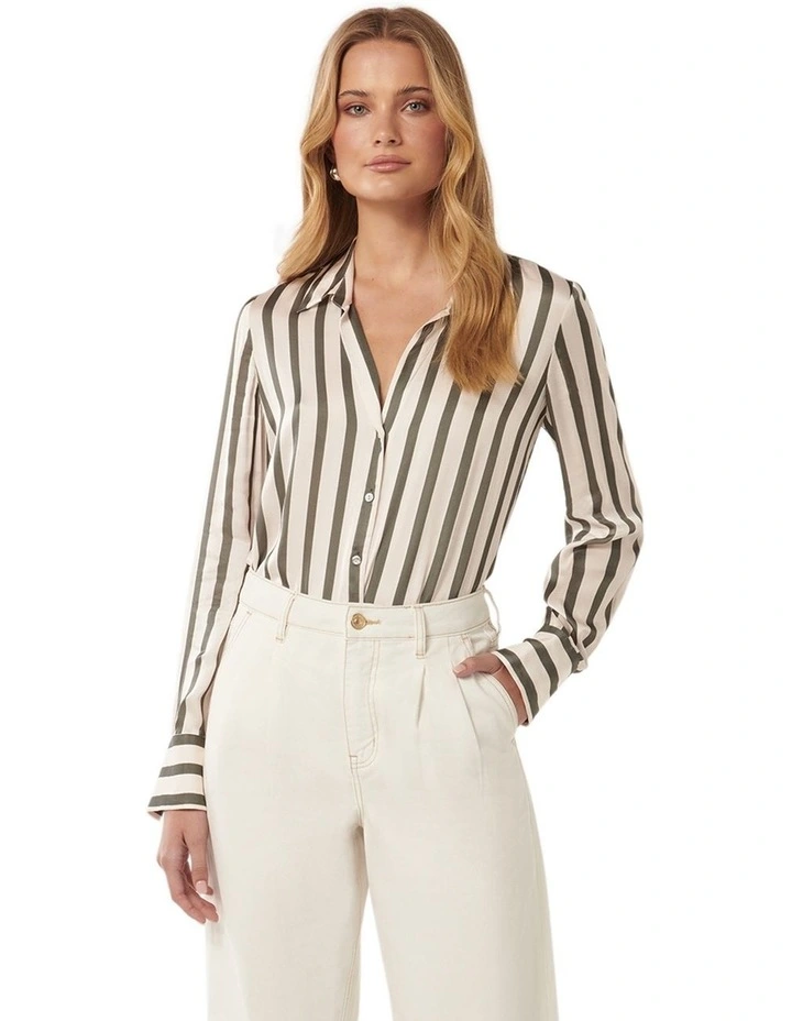 Harvey Notched Neck Satin Shirt in Olive