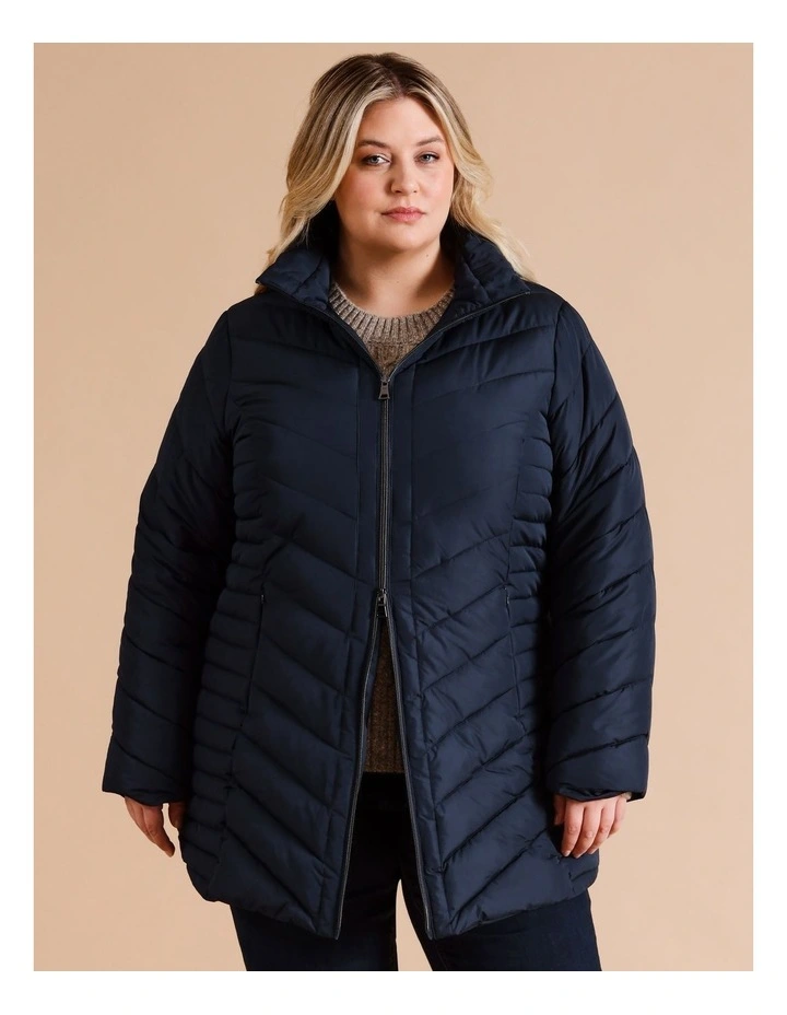Recycled Polyester Longline Quilted Jacket With Fold Away Hood in Navy