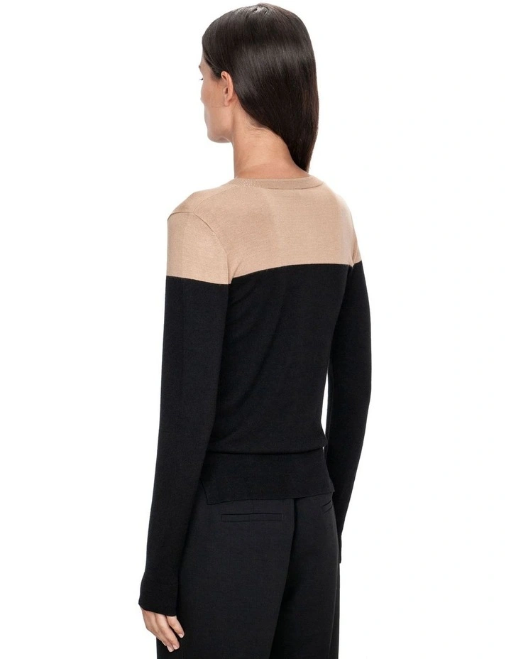 Spliced Long Sleeve Knit in Black/Camel