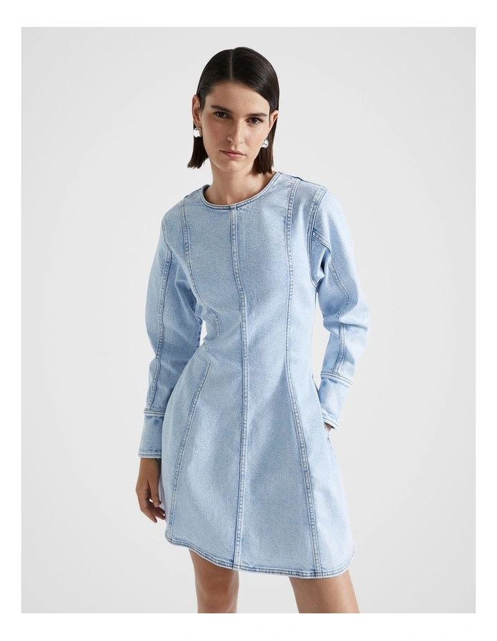 Denim Flounce Mini Dress in Glacier Denim
