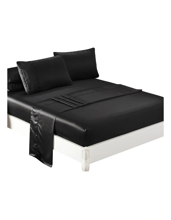 Silky Satin Double Fitted Flat Bed Sheets With Pillowcases in Black