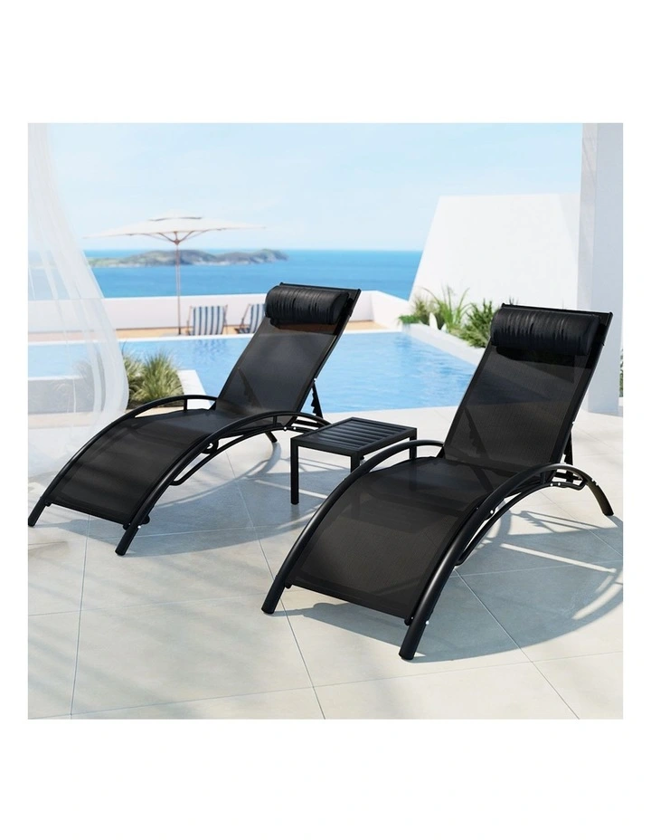Sun Lounger Steel Table Chairs 3 Pack in Black