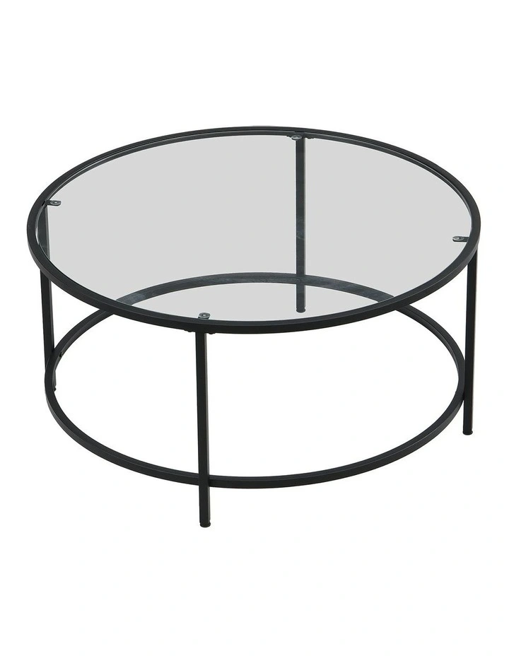 Metal Frame Coffee Table with Top Tempered Glass in Black/Transparent