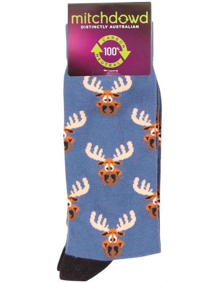 Moose Head Bamboo Crew Socks in Blue