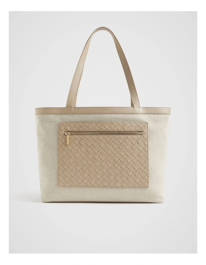 Leather Woven Fabric Tote Bag in Champagne Beige