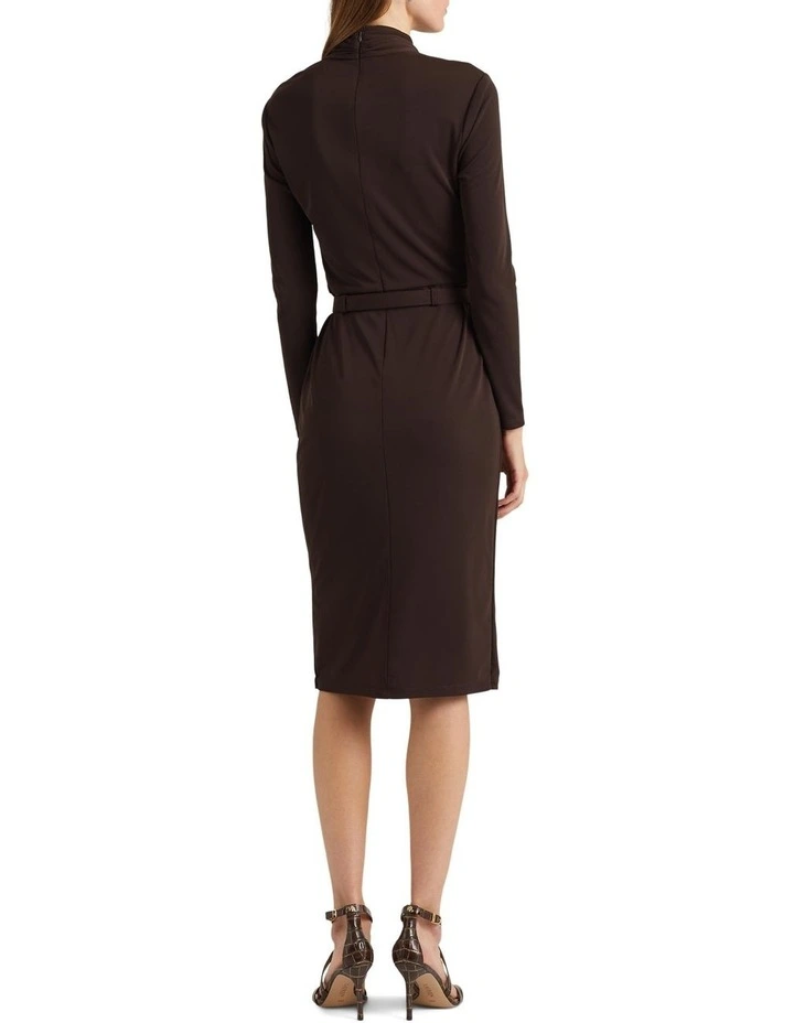 Belted Mockneck Jersey Dress in Brown