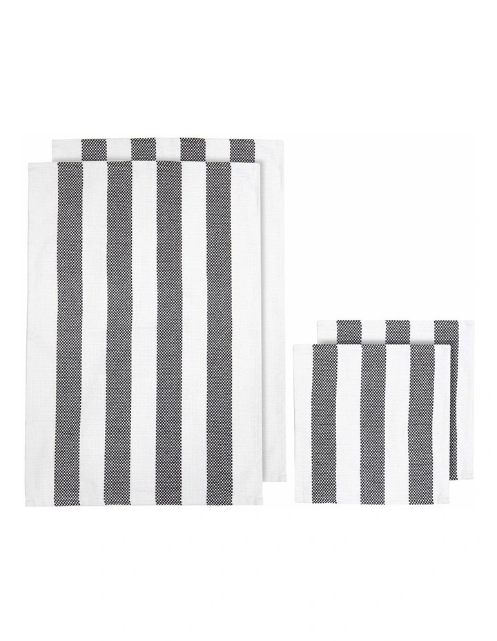 Stripe Kitchen Towel and Dishcloth 4 Piece in Black
