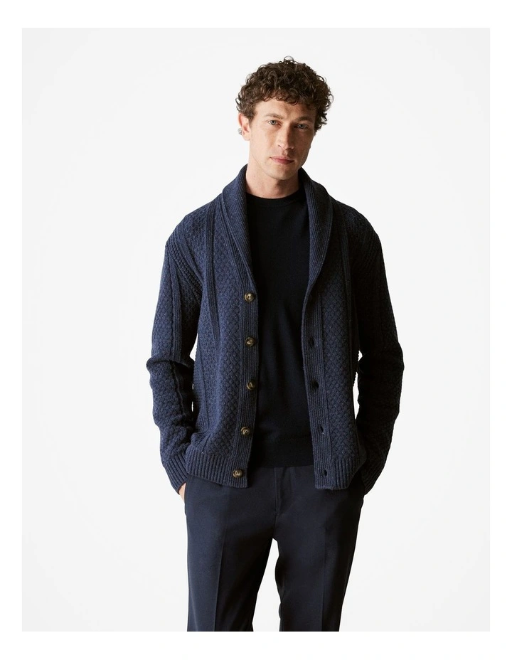 Merino Nep Cable Shawl Cardigan in Navy