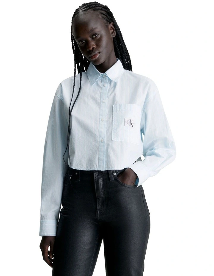 Woven Label Cropped Long Sleeve Shirt in Blue White Stripe