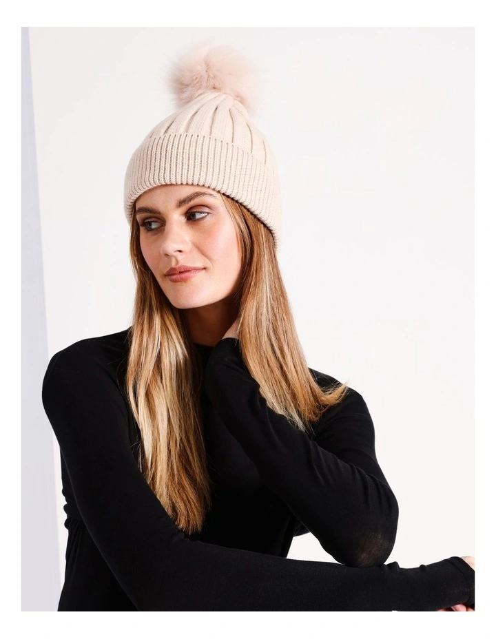 Beanie With Pom Pom in Camel