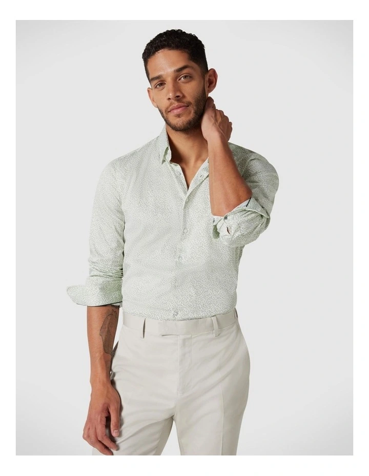 Long Sleeve Floral Print Dress Shirt in White/Khaki